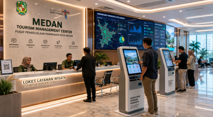 Dashboard interaktif Sistem Terpadu Izin Pariwisata yang menampilkan sistem pemantauan data destinasi real-time untuk mendukung efisiensi pariwisata kota Medan