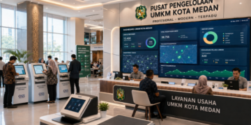 Dashboard interaktif Sistem Terpadu Izin UMKM yang menampilkan sistem pemantauan data usaha real-time untuk mendukung efisiensi UMKM kota Medan
