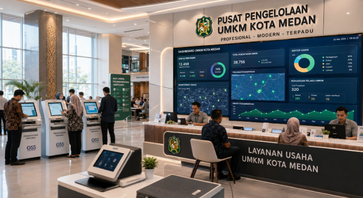 Dashboard interaktif Sistem Terpadu Izin UMKM yang menampilkan sistem pemantauan data usaha real-time untuk mendukung efisiensi UMKM kota Medan