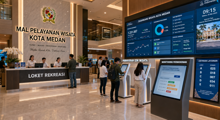 Dashboard interaktif Sistem Terpadu Izin Wisata yang menampilkan sistem pemantauan data destinasi real-time untuk mendukung efisiensi pariwisata kota Medan
