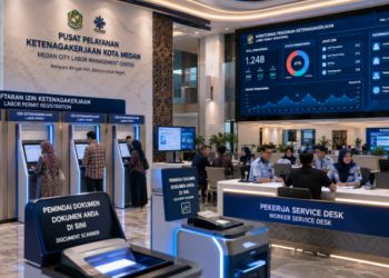 Dashboard interaktif Solusi Baru Izin Ketenagakerjaan yang menampilkan sistem pemantauan data perusahaan real-time untuk mendukung efisiensi ketenagakerjaan kota Medan