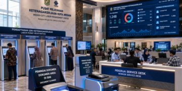 Dashboard interaktif Solusi Baru Izin Ketenagakerjaan yang menampilkan sistem pemantauan data perusahaan real-time untuk mendukung efisiensi ketenagakerjaan kota Medan