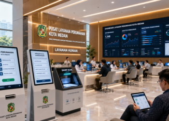 Dashboard interaktif Solusi Baru Izin Perumahan yang menampilkan sistem pemantauan data hunian real-time untuk mendukung efisiensi perumahan kota Medan