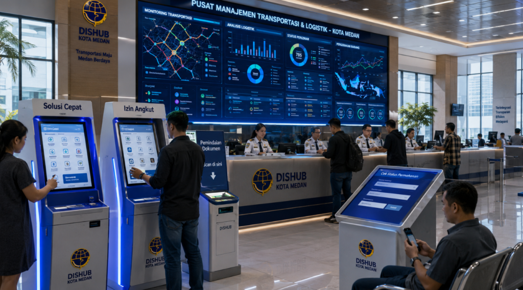 Dashboard interaktif Solusi Cepat Izin Angkut yang menampilkan sistem pemantauan data armada real-time untuk mendukung efisiensi transportasi kota Medan.