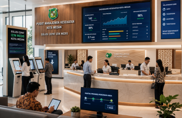 Dashboard interaktif Solusi Cepat Izin Medis yang menampilkan sistem pemantauan data kesehatan real-time untuk mendukung efisiensi klinik kota Medan