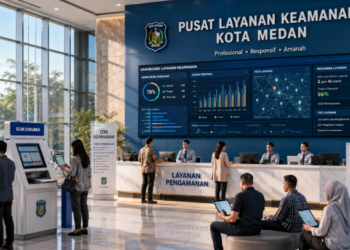 Dashboard interaktif Solusi Digital Izin Keamanan yang menampilkan sistem pemantauan data pengamanan real-time untuk mendukung efisiensi keamanan kota Medan