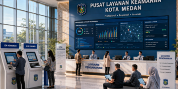 Dashboard interaktif Solusi Digital Izin Keamanan yang menampilkan sistem pemantauan data pengamanan real-time untuk mendukung efisiensi keamanan kota Medan
