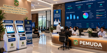 Dashboard interaktif Solusi Digital Izin Kepemudaan yang menampilkan sistem pemantauan data organisasi real-time untuk mendukung efisiensi kepemudaan kota Medan