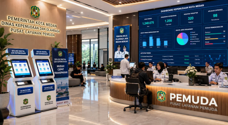 Dashboard interaktif Solusi Digital Izin Kepemudaan yang menampilkan sistem pemantauan data organisasi real-time untuk mendukung efisiensi kepemudaan kota Medan