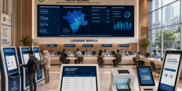 Dashboard interaktif Solusi Digital Izin Kependudukan yang menampilkan sistem pemantauan data warga real-time untuk mendukung efisiensi kependudukan kota Medan