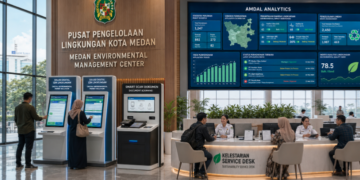 Dashboard interaktif Solusi Digital Izin Lingkungan yang menampilkan sistem pemantauan data kelestarian real-time untuk mendukung efisiensi lingkungan kota Medan