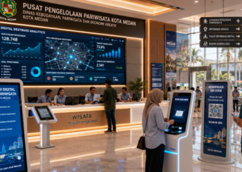 Dashboard interaktif Solusi Digital Izin Pariwisata yang menampilkan sistem pemantauan data destinasi real-time untuk mendukung efisiensi pariwisata kota Medan