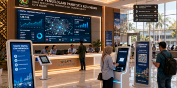 Dashboard interaktif Solusi Digital Izin Pariwisata yang menampilkan sistem pemantauan data destinasi real-time untuk mendukung efisiensi pariwisata kota Medan