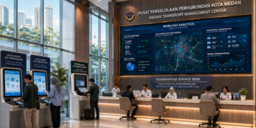 Dashboard interaktif Solusi Digital Izin Perhubungan yang menampilkan sistem pemantauan data transportasi real-time untuk mendukung efisiensi perhubungan kota Medan
