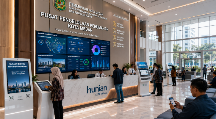 Dashboard interaktif Solusi Digital Izin Perumahan yang menampilkan sistem pemantauan data hunian real-time untuk mendukung efisiensi perumahan kota Medan