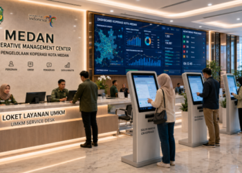 Dashboard interaktif Solusi Mandiri Izin Koperasi yang menampilkan sistem pemantauan data UMKM real-time untuk mendukung efisiensi koperasi kota Medan