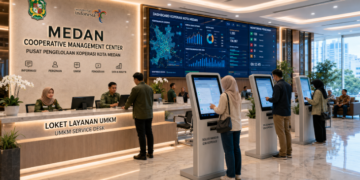 Dashboard interaktif Solusi Mandiri Izin Koperasi yang menampilkan sistem pemantauan data UMKM real-time untuk mendukung efisiensi koperasi kota Medan