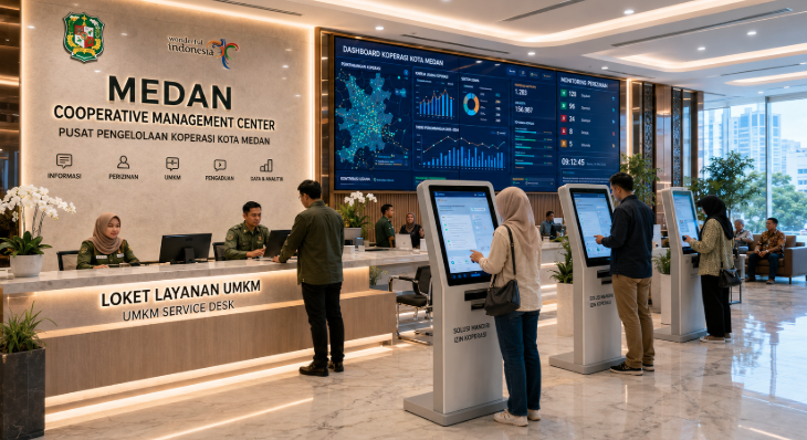 Dashboard interaktif Solusi Mandiri Izin Koperasi yang menampilkan sistem pemantauan data UMKM real-time untuk mendukung efisiensi koperasi kota Medan
