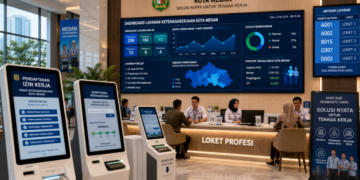 Dashboard interaktif Solusi Nyata Izin Kerja yang menampilkan sistem pemantauan data tenaga real-time untuk mendukung efisiensi ketenagakerjaan kota Medan