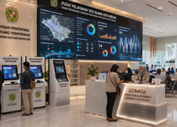 Dashboard interaktif Solusi Pintar Izin Ruang yang menampilkan sistem pemantauan data zonasi real-time untuk mendukung efisiensi tata ruang kota Medan