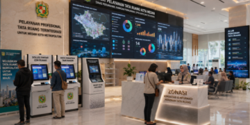 Dashboard interaktif Solusi Pintar Izin Ruang yang menampilkan sistem pemantauan data zonasi real-time untuk mendukung efisiensi tata ruang kota Medan
