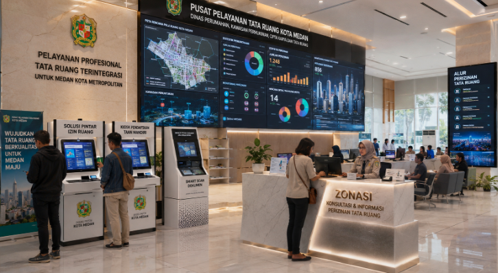 Dashboard interaktif Solusi Pintar Izin Ruang yang menampilkan sistem pemantauan data zonasi real-time untuk mendukung efisiensi tata ruang kota Medan