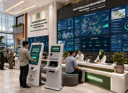 Dashboard interaktif Solusi Prima Izin Bangun yang menampilkan sistem pemantauan data infrastruktur real-time untuk mendukung efisiensi konstruksi kota Medan.