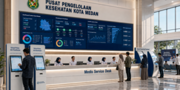 Dashboard interaktif Solusi Prima Izin Kesehatan yang menampilkan sistem pemantauan data faskes real-time untuk mendukung efisiensi layanan kesehatan kota Medan