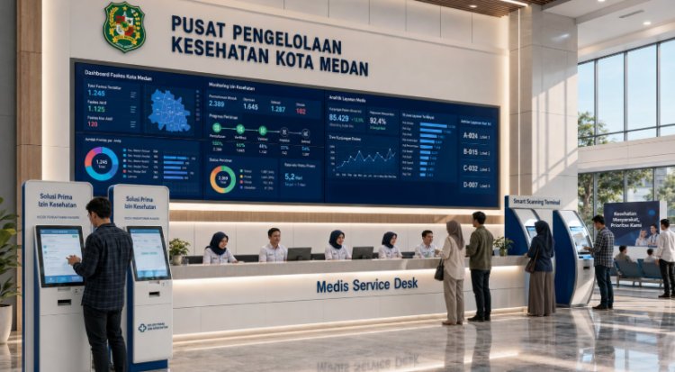 Dashboard interaktif Solusi Prima Izin Kesehatan yang menampilkan sistem pemantauan data faskes real-time untuk mendukung efisiensi layanan kesehatan kota Medan