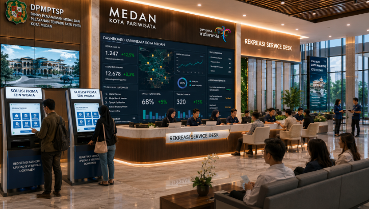 Dashboard interaktif Solusi Prima Izin Wisata yang menampilkan sistem pemantauan data destinasi real-time untuk mendukung efisiensi pariwisata kota Medan