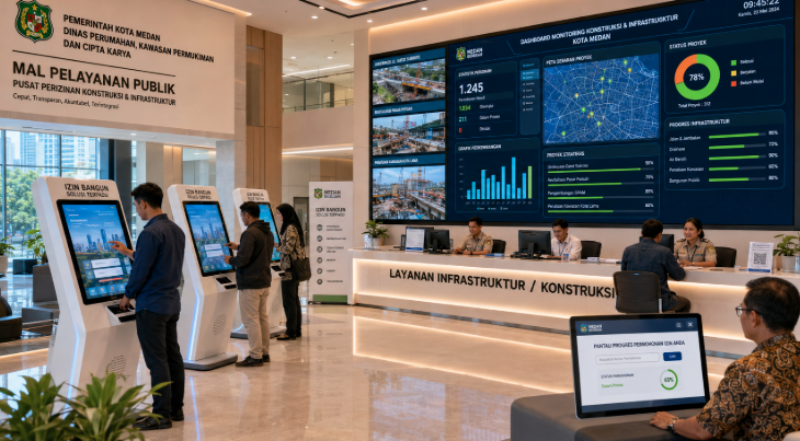 Dashboard interaktif Solusi Terpadu Izin Bangun yang menampilkan sistem pemantauan data konstruksi real-time untuk mendukung efisiensi infrastruktur kota Medan