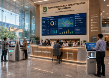 Dashboard interaktif Solusi Terpadu Izin Infrastruktur yang menampilkan sistem pemantauan data konstruksi real-time untuk mendukung efisiensi infrastruktur kota Medan