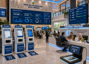 Dashboard interaktif Solusi Utama Izin Kerja yang menampilkan sistem pemantauan data kompetensi real-time untuk mendukung efisiensi ketenagakerjaan kota Medan