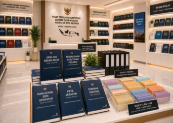 Jajaran tempat buku panduan spesifikasi kompetensi jabatan ASN bahan premium untuk usaha perumusan kualifikasi tugas pegawai dan alat pusat instrumen validasi Medan heavy duty minimalis berbagai folder level kemahiran yang tersusun sangat rapi di dalam etalase toko perlengkapan kantor