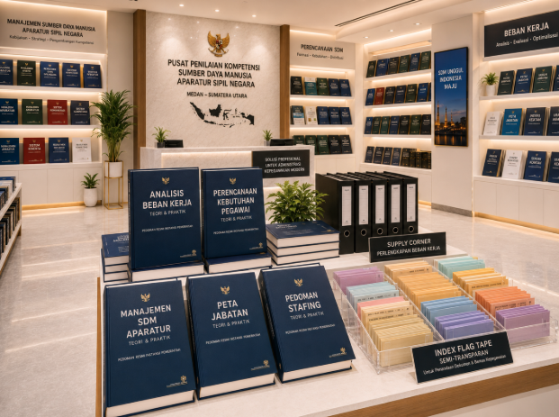 Jajaran tempat buku panduan spesifikasi kompetensi jabatan ASN bahan premium untuk usaha perumusan kualifikasi tugas pegawai dan alat pusat instrumen validasi Medan heavy duty minimalis berbagai folder level kemahiran yang tersusun sangat rapi di dalam etalase toko perlengkapan kantor