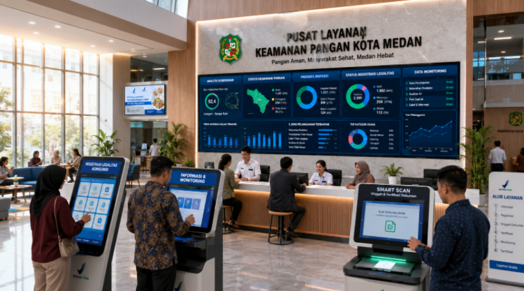 Dashboard interaktif Standar Keamanan Pangan Medan yang menampilkan sistem pemantauan data higienitas real-time untuk mendukung efisiensi konsumsi kota Medan