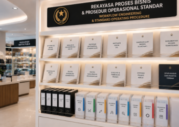 Jajaran tempat buku panduan standar operasional prosedur ASN bahan premium untuk usaha penyusunan alur kerja pegawai dan alat pusat instrumen sop Medan heavy duty minimalis berbagai folder diagram proses yang tersusun sangat rapi di dalam etalase toko perlengkapan kantor