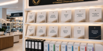 Jajaran tempat buku panduan standar operasional prosedur ASN bahan premium untuk usaha penyusunan alur kerja pegawai dan alat pusat instrumen sop Medan heavy duty minimalis berbagai folder diagram proses yang tersusun sangat rapi di dalam etalase toko perlengkapan kantor