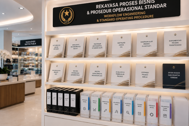 Jajaran tempat buku panduan standar operasional prosedur ASN bahan premium untuk usaha penyusunan alur kerja pegawai dan alat pusat instrumen sop Medan heavy duty minimalis berbagai folder diagram proses yang tersusun sangat rapi di dalam etalase toko perlengkapan kantor