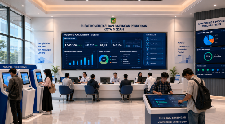 Dashboard interaktif Strategi Pemilihan Prodi SNBP yang menampilkan alur panduan pemilihan jurusan siswa real-time untuk mendukung efisiensi pendaftaran kota Medan.