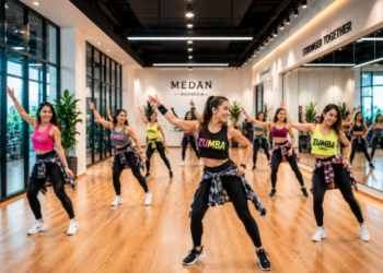 Keseruan para peserta saat mengikuti gerakan instruktur wanita di dalam ruangan salah satu studio senam di Medan yang bersih
