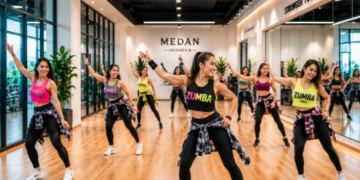 Keseruan para peserta saat mengikuti gerakan instruktur wanita di dalam ruangan salah satu studio senam di Medan yang bersih