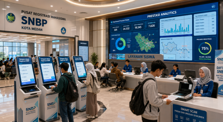 Dashboard interaktif Tahapan Akses Registrasi SNBP yang menampilkan alur langkah-langkah pendaftaran prestasi siswa real-time untuk mendukung efisiensi pendaftaran kota Medan.