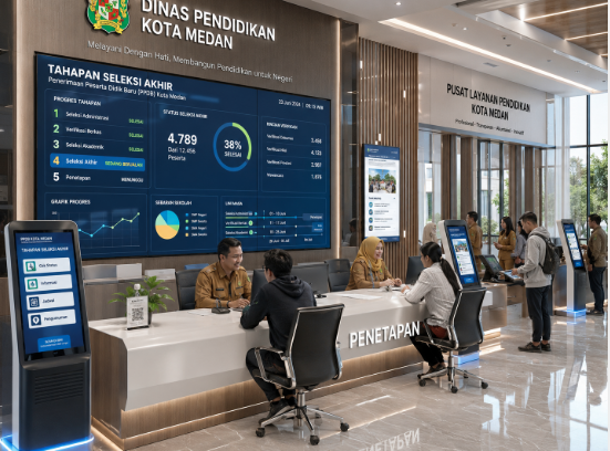 Dashboard interaktif Tahapan Seleksi Akhir yang menampilkan alur penetapan lulus real-time untuk mendukung efisiensi pendaftaran kota Medan.
