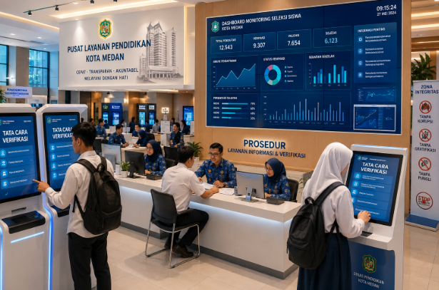 Dashboard interaktif Tata Cara Verifikasi yang menampilkan alur pengecekan data real-time untuk mendukung efisiensi pendaftaran kota Medan.