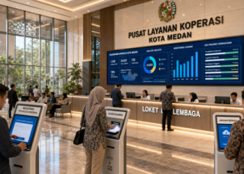 Dashboard interaktif Tata Kelola Koperasi Medan yang menampilkan sistem pemantauan data lembaga real-time untuk mendukung efisiensi koperasi kota Medan