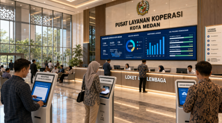 Dashboard interaktif Tata Kelola Koperasi Medan yang menampilkan sistem pemantauan data lembaga real-time untuk mendukung efisiensi koperasi kota Medan