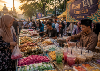 Suasana keramaian warga saat mengitari deretan stan makanan tradisional di salah satu tempat berburu takjil di Medan yang sangat populer