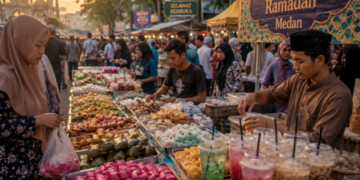 Suasana keramaian warga saat mengitari deretan stan makanan tradisional di salah satu tempat berburu takjil di Medan yang sangat populer