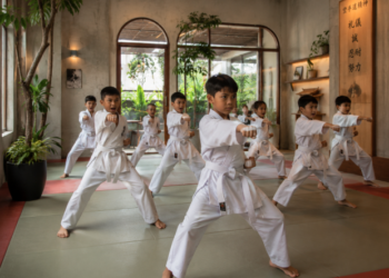 Suasana latihan kedisiplinan anak-anak berpakaian putih yang sedang memperagakan gerakan pukulan di salah satu tempat latihan karate di Medan